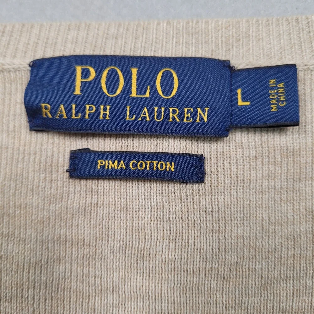 Polo Ralph Lauren Mens Pima Cotton V-Neck Sweater Beige Large Heather Classic